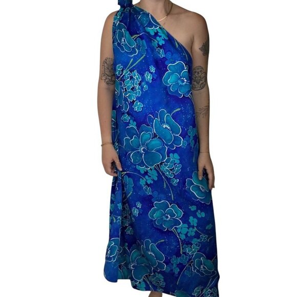 Vintage 1960's Womens Blue Floral Hawaiian Psychedelic Swimsuit Wrap Dress - Picture 3 of 4